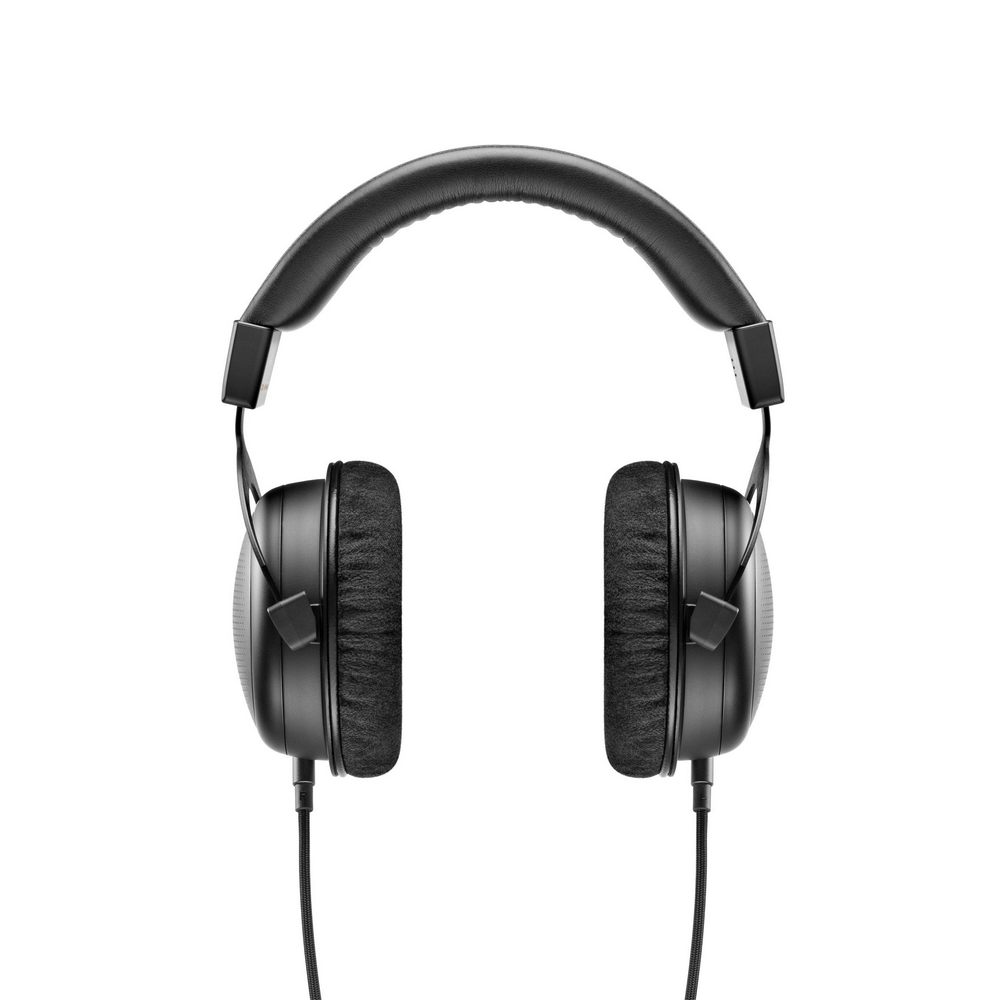 Over-ear black wired headphones with padded ear cushions, viewed from the front.