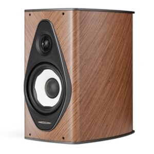 Wooden bookshelf speaker with a curved black front panel, showing a small tweeter above a large woofer.
