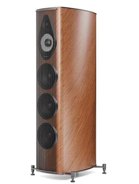 Tall floor-standing speaker in warm wood veneer with five drivers and metal feet.