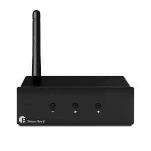 Front view of a black Stream Box E streaming device with three buttons and a tall antenna on the left.