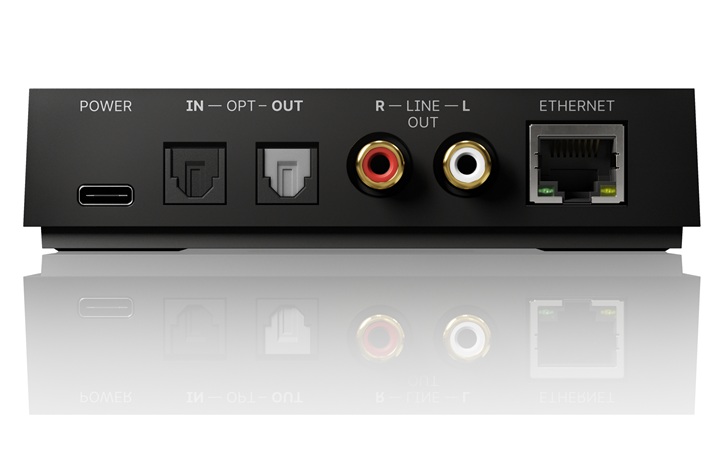 Back panel of a black networking device showing POWER, IN/OPT/OUT, RCA audio jacks (red and white), and an Ethernet port.