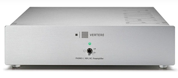 Front panel of a Vertere Phono-1 MM/MC Preamplifier with power switch and green status LED (silver aluminum chassis).