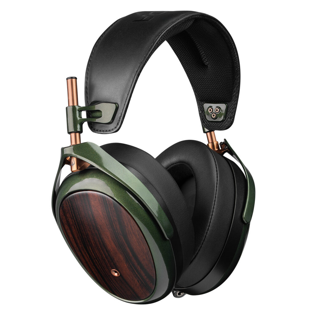 Over-ear headphones with wood veneer cups, green metal frame and copper hardware against a black headband.