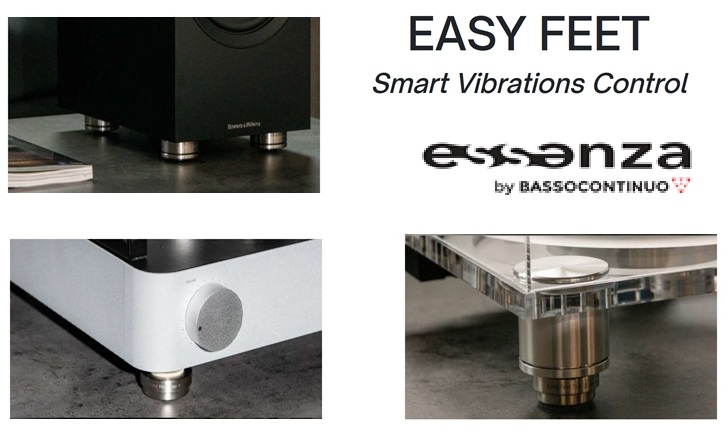 Product collage for Easy Feet vibration control: logo and closeups of equipment feet (speaker, cabinet, and turntable).
