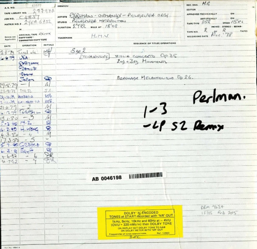 Itzhak Perlman Tchaikovsky Violin Concerto mesterszalag - Image 3