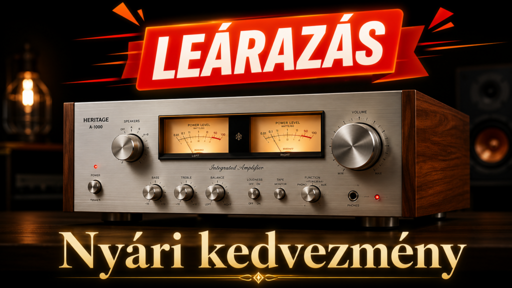 Vintage stereo amplifier on a wooden surface with a bold red 'LEÁRAZÁS' banner above and 'Nyári kedvezmény' text below, advertising a sale.